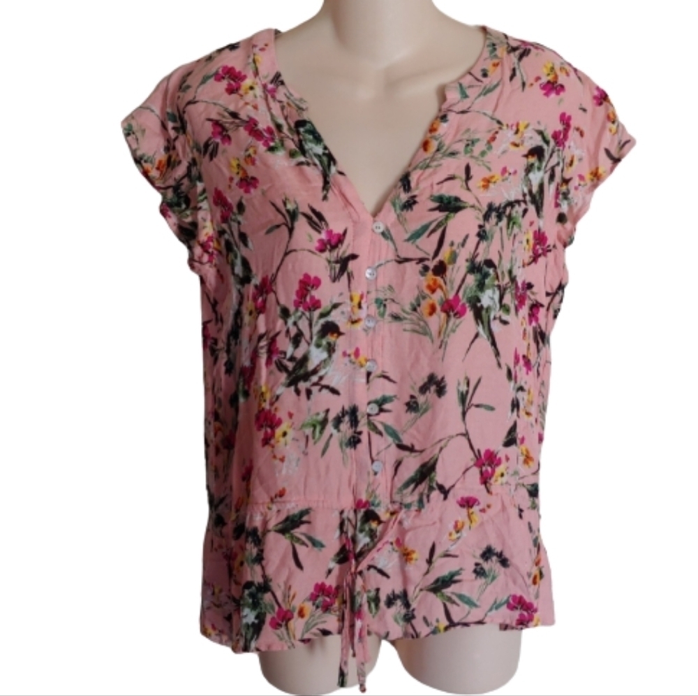 DR2 Henley Pink Floral Button Down Short Sleeve Blouse Top Size Women's Small